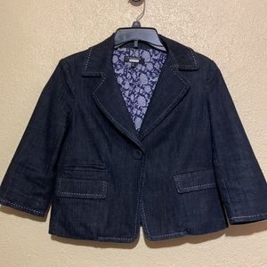 Talbots Denim Short Jean Jacket Blazer Dark Blue Floral Lining 6P Pockets